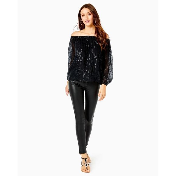 LILLY PULITZER Emilee Onyx Black Chiffon Long Sleeve Off the Shoulder Top Size M - Picture 2 of 3
